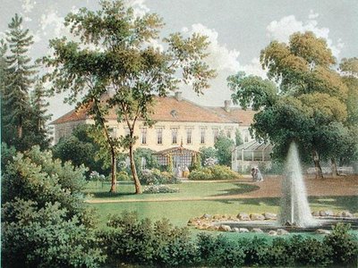 1852-63年頃に出版された「Die Landlichen Wohnsitze, Schlosser und Residenzen de Ritterschaftlichen Grundbesitzer in der Preussichen Monarchie」より、ドイツの庭園（カラーリトグラフ）。 作： German School