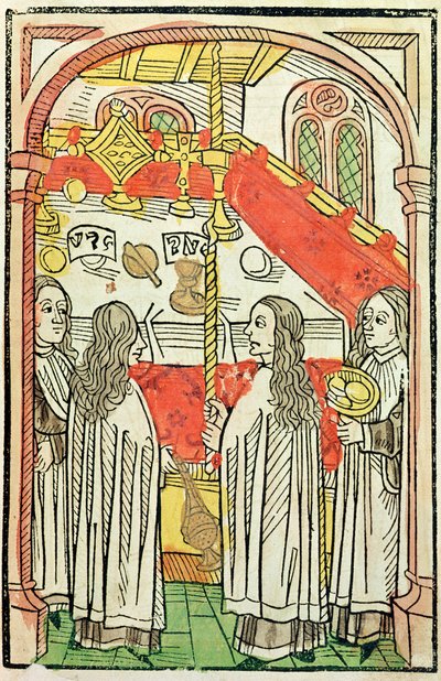 1415年にコンスタンツ評議会でギリシャ正教のミサ、Ulrich Richental（1378-1437）1483（着色された木版画）によってコンスタンツ評議会のクロニクルからのイラスト 作： German School
