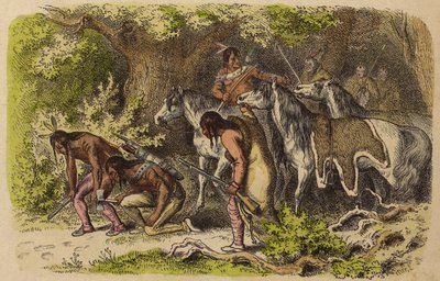 敵を追跡するネイティブ・アメリカンの戦闘部隊（彩色済み彫刻 作： German School