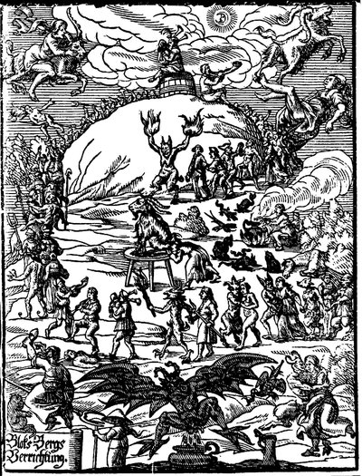 安息日の儀式で、悪魔を表すヤギが中央にいて、魔女や悪魔に囲まれています。16世紀のドイツの彫版 作： German School