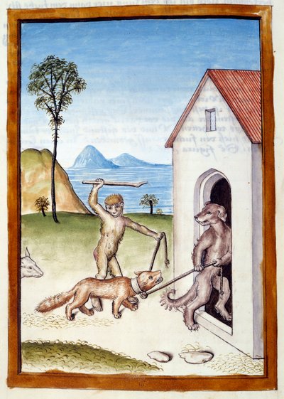 イタチを暴行する犬と猿。動物は男性の姿勢で描かれています。ビッドパイによる「カリラ（Calila）とディムナ（Dimna）」の寓話のドイツ語訳から引用されたミニチュア。15世紀 シャンティイ、コンデ美術館 作： German School
