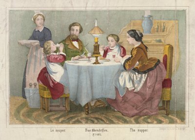 夕食時の家族、ハイダー＆クロンバーガー発行の絵入り大判、シュトゥットガルト、1860 作： German School