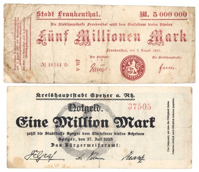500万枚と100万枚の紙幣、1923年 作： German School