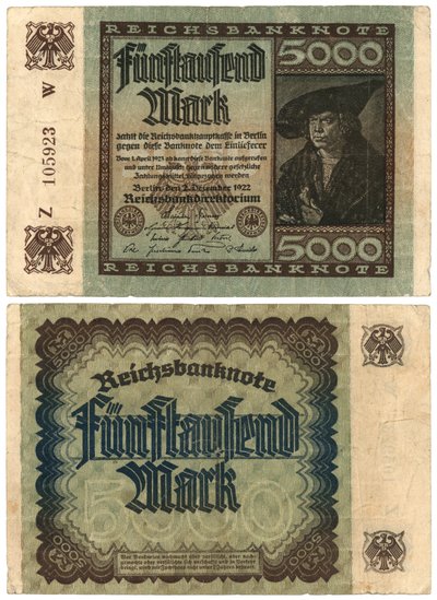 5千マルク紙幣、1922年（直角および逆） 作： German School