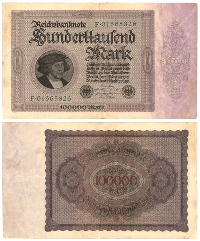 10万マルク紙幣、1923年（rectoおよびverso） 作： German School