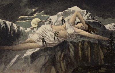 月が見ている間に登山家が登っている山腹の裸の女性（コラージュ） 作： German School