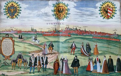 フォアグラウンドで地元のドレスを着た人物がいるニュルンベルクのパノラマビュー、1575年頃 作： German School