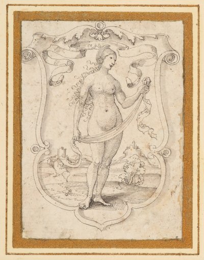 風景の中に立っている裸の女性のイメージが描かれた渦巻状の盾、その上にバンデロールがあり、おそらくプライドの寓意 作： German School