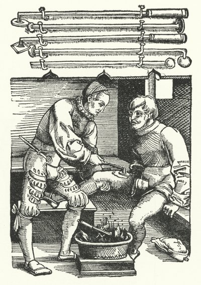 兵士の足の傷を焼灼している外科医(彫刻) 作： German School