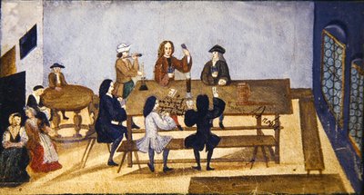 トランプをする人物がいる酒場の室内風景 1690年頃（紙にガッシュ） 作： German School