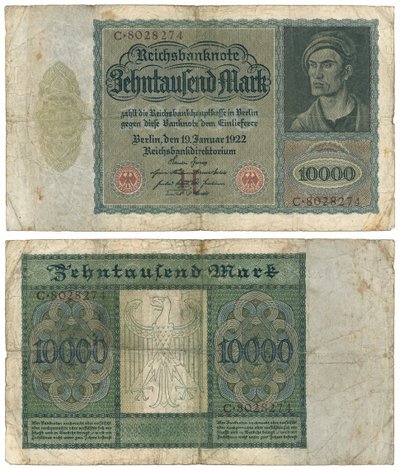 1万マルク紙幣、1922年（rectoおよびverso） 作： German School