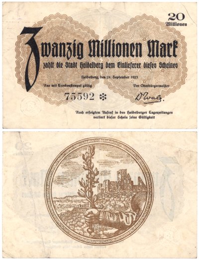 2000万マルク紙幣、1923年（rectoとverso） 作： German School