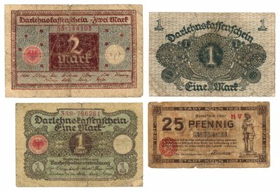 2つのマークの紙幣、2つの1つのマークの紙幣と25のペニッヒ紙幣、1920年から21年 作： German School