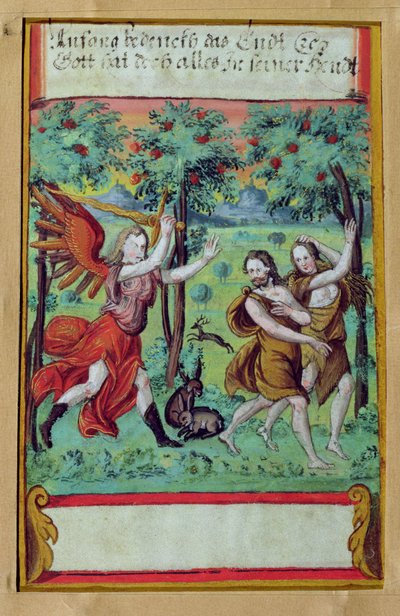 エデンの園から追放されたアダムとイブ、1640年頃（ベラムのガッシュ） 作： German School