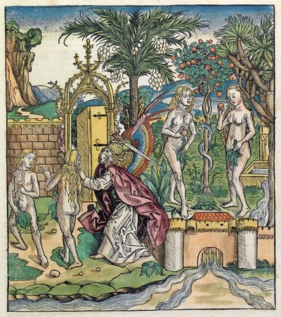 1493年にニュルンベルククロニクルで出版された、エデンから追放されたアダムとイブ 作： German School