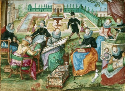 Add.1 7025 fol.50 「Gervasius Fabricius のアルバム Amicorum」からの刺繍に座っている女性 (カラー リソ) 作： German School