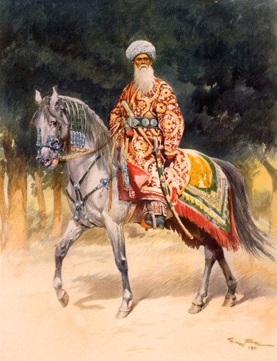 伝統的な衣装、パブでトルコマンの馬に乗った武装した戦士。 1912年。 作： German School
