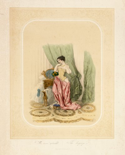 F.サラ＆Co、ベルリン、c.1850によって印刷された彼女の化粧台でエレガントな女性 作： German School