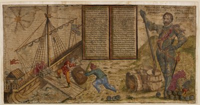 フランシス・ドレイクの対スペイン作戦を祝う絵入りブロードサイド、「Hier steh ich Drach in Engelandt」の挿絵（紙にペン・インク、水彩画） 作： German School