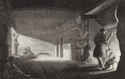 古代エジプトのロックカット・チャペル、ゲベル・エル・シルシラ（Gebel el-Silsila）。ビルダーアトラスのためのイラスト（エングレービング 作： German School