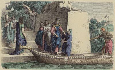 船旅をする古代エジプトの身分の高い女性（彩色済み彫刻 作： German School