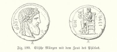 フィディアスのゼウスが描かれた古代ギリシャのエリス島のコイン（エングレービング 作： German School