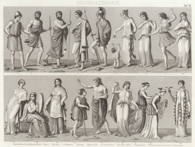 古代ギリシャのコスチューム。ビルダーアトラスのためのイラスト（エングレービング 作： German School