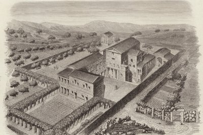 シリアのアルバラにある古代ギリシャのカントリーハウス。ビルダーアトラスのためのイラスト（エングレービング 作： German School