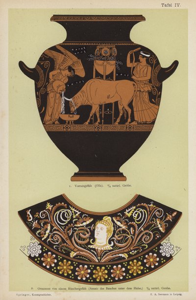 古代ギリシャの貯蔵瓶と香炉の装飾品（カラーリトグラフ 作： German School
