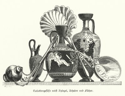 古代ギリシャのトイレタリー容器は、鏡、スクレーパー、扇などとともに（彫刻 作： German School