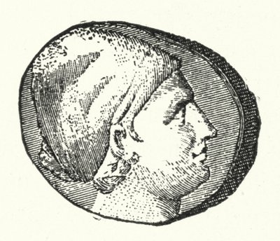 古代ギリシャの詩人サッフォーの頭部が描かれた古代のコイン（エングレービング 作： German School