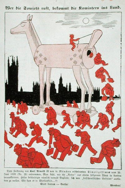 ボリシェヴィキがトロイの木馬からロンドンに逃げる様子を描いた、第三帝国の反ボルシェヴィキの風刺画 (カラー リソ) 作： German School