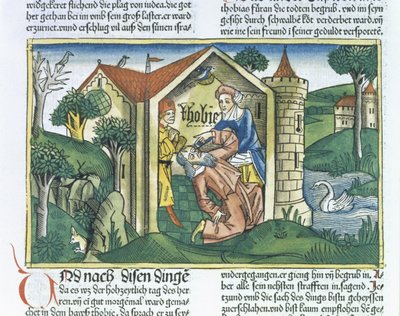 外典：トビトはニュルンベルク聖書（Biblia Sacra Germanaica）（色の木版画）からのスズメの糞で目がくらんでいる 作： German School
