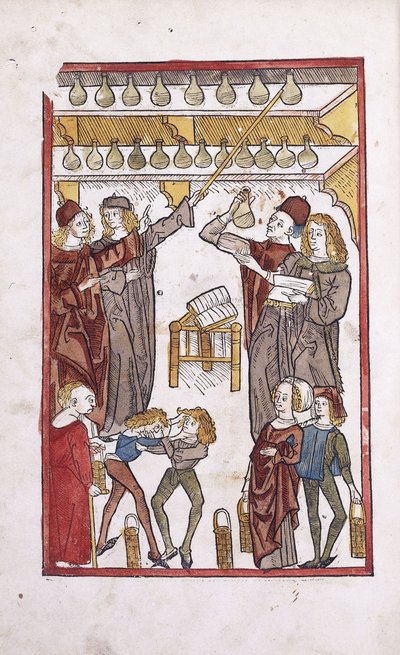 薬剤師と薬、前景で戦う2人の少年、1491年 作： German School