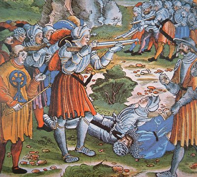 マッチロック式アルケバスを発射する装甲兵 15世紀後半（手彩色木版画 作： German School