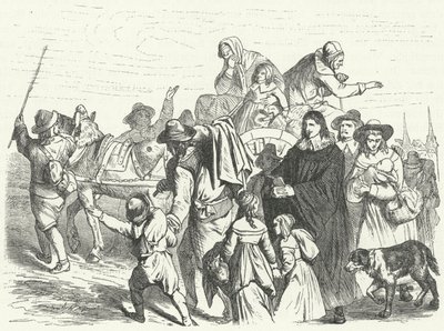 1685年に大選帝侯フレデリック・ウィリアムがポツダム勅令を発布した後、ブランデンブルクにフランスのユグノー系移民が到着したこと（エングレーヴィング 作： German School