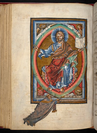Arundel 156、f.99v、キリストはマンドルラの中に威厳を持って即位し、「段階的、連続的、秘跡的」（ベラム）からの伝道者の 4 つのシンボルに囲まれています。 作： German School