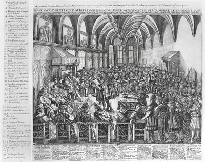 1530年6月25日、チャールズ5世（1500-58）の存在下で、アウグスブルクの司教ホールでのドイツの最も輝かしい王子の集会 作： German School