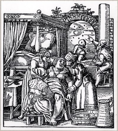 1587年にフランクフルトで出版されたJacob RueffによるDe Conceptu et Generatione Hominisから、出産用椅子で女性に生まれる子供のために星占いをキャストする占星術師 作： German School