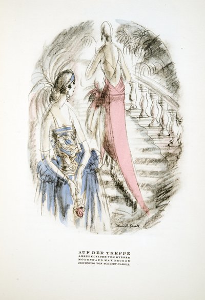 Auf der Treppe, WienerによるEvening Dresses, Styl, pub.1922より（ポショワールプリント 作： German School