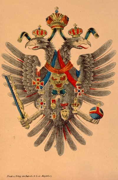 オーストリアハンガリー帝国の紋章、Robraki＆Co.、マクデブルク発行、1865年（着色された木版画） 作： German School