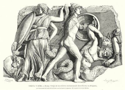 神々とタイタン、巨人との戦い 古代ギリシャのペルガモンのレリーフ（リトグラフ 作： German School