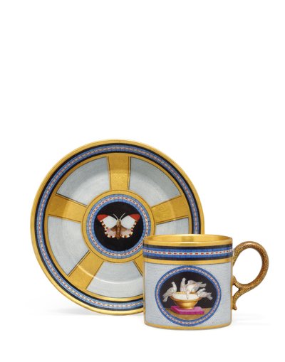 ベルリンのフェイク・ピエトラ・デュラとマイクロモザイクのコーヒー缶とソーサー、1810-15年頃（陶磁器 作： German School