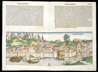 ニュルンベルク年代記からのコンスタンスの鳥瞰図by Hartmann Schedel（1440-1514）1493 作： German School