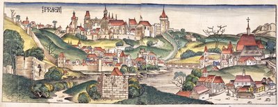 プラハの鳥瞰図、ニュルンベルク年代記からHartmann Schedel（1440-1514）1493 作： German School