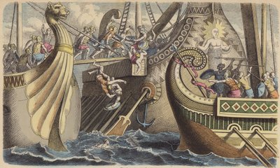 ローマ時代の海戦でガレー船に乗り込む様子（彩色済み彫刻 作： German School