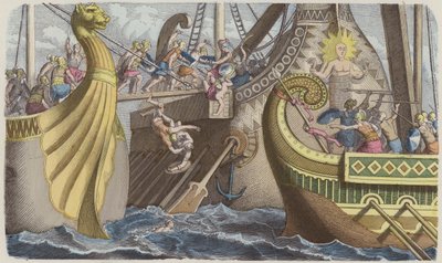 ローマ時代の海戦でガレー船に乗り込む様子（彩色済み彫刻 作： German School
