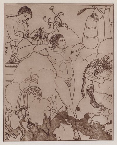パンチバッグでトレーニングするボクサー、古代ギリシャの壺絵（リトグラフ） 作： German School