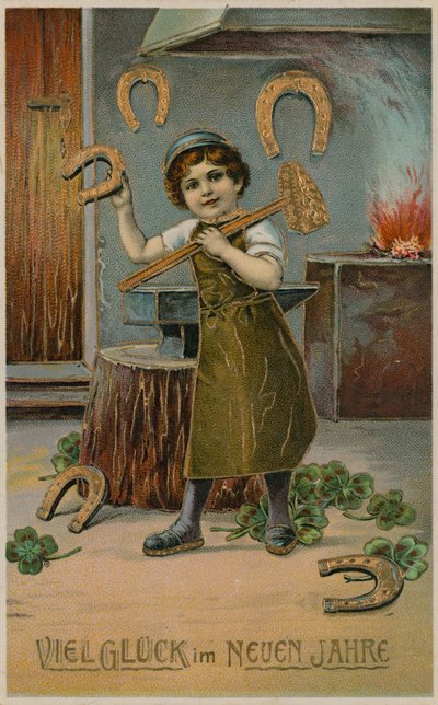 新年の運のために金色の蹄鉄を作る少年鍛冶屋。 1913年12月31日に発送されたはがき。 作： German School