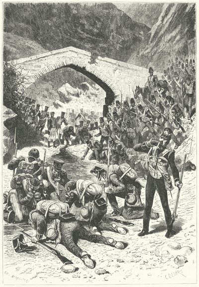タラベラの戦いで、戦闘の間に水を飲むために前進するイギリス兵たち 作： German School